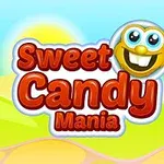 Text roșu stilizat cu expresia „Sweet Candy Mania” și un emoticon zâmbitor pe un fundal luminos și colorat