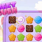 Grafic colorat cu dulciuri în formă de bomboane și prăjituri plasate pe o grilă, cu textul Sweet Crush deasupra