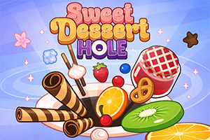 Textul „Sweet Dessert Hole pe fundal albastru, cu ilustrații de deserturi precum cornuri de napolitană, acadele, căpșună, felie de portocală, kiwi, covrig și bomboane