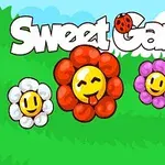 Textul Sweet Garden scris pe un fundal cu flori colorate cu fețe zâmbitoare și o buburuză mică