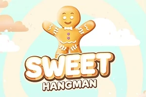 Un om de turtă dulce fericit și colorat se află deasupra textului SWEET HANGMAN pe un fundal cu nori albi și nuanțe pastelate