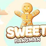 Un om de turtă dulce fericit și colorat se află deasupra textului SWEET HANGMAN pe un fundal cu nori albi și nuanțe pastelate