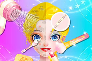 Fată cu păr blond sub machiaj și tratamente de frumusețe, pe un fundal colorat