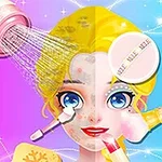 Fată cu păr blond sub machiaj și tratamente de frumusețe, pe un fundal colorat
