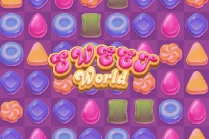 Diverse bomboane colorate pe un fundal violet, cu textul Sweet World în centru