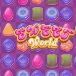 Diverse bomboane colorate pe un fundal violet, cu textul Sweet World în centru