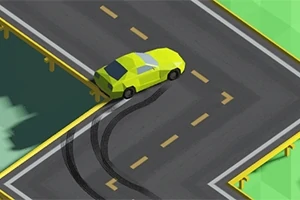 O mașină galbenă derapează pe un drum curbat, lăsând urme de cauciuc pe asfalt