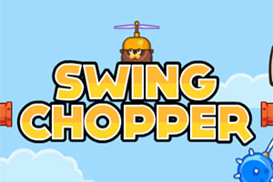 Un personaj animat cu o elice pe cap este plasat deasupra textului SWING CHOPPER pe un fundal albastru cu nori