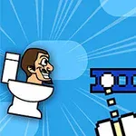 Un personaj animat cu zâmbet larg stă pe o toaletă și privește un obiect pixelat care pare să tragă proiectile, pe un fundal albastru cu dungi și norisori