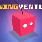 Cub roșu suspendat cu două puncte albe pe un fundal albastru, cu textul SWING VENTURE deasupra