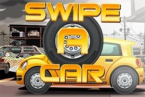 Mașină galbenă de mici dimensiuni lângă un gard de sârmă ghimpată, cu text suprapus și un cauciuc ca element central