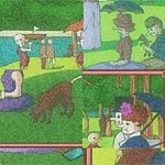 Ilustrație cu oameni și animale într-un parc, cu elemente abstracte și culori vibrante