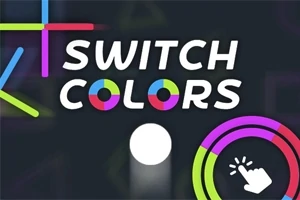 Text Switch Colors pe un fundal întunecat, cu elemente grafice colorate în colțurile imaginii