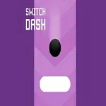 Minge neagră care plutește deasupra unui dreptunghi alb pe un fundal mov cu textul Switch Dash