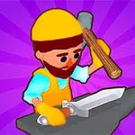 Fierar desenat animat, purtând cască galbenă și mănuși, ciocănind o sabie pe un nicovală, cu fundal violet