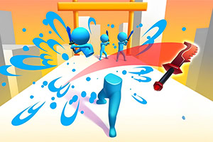 Personaje albastre stilizate cu săbii și elemente splash colorate pe un fundal urban stilizat, în culori degradate