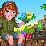 Fată cu pălărie stă pe un zid de piatră, ținând pe o farfurie două creaturi colorate, înconjurată de alte creaturi pufoase și de o rucsac, pe fundal tropical cu cer albastru și vegetație