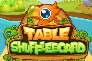 Design colorat cu un titlu mare Table Shuffleboard și un element de decor în formă de pasăre, pe un fundal natural cu apă și vegetație