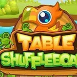 Design colorat cu un titlu mare Table Shuffleboard și un element de decor în formă de pasăre, pe un fundal natural cu apă și vegetație