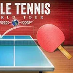 Minge de ping-pong sărind pe o masă albastră, cu două palete, una albastră și una roșie, și un fundal roșu cu text
