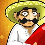 Un personaj cu mustață, purtând o pălărie sombrero și cămașă albă, ține în mână un ardei roșu mare pe un fundal galben