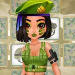 Tânără îmbrăcată în costum verde militar cu pălărie verde și machiaj de camuflaj pe față