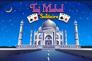 Taj Mahal iluminat sub un cer înstelat, cu trei cărți de joc deasupra și textul Taj Mahal Solitaire
