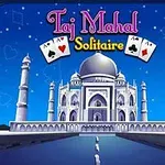 Taj Mahal iluminat sub un cer înstelat, cu trei cărți de joc deasupra și textul Taj Mahal Solitaire
