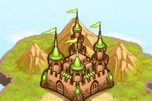 Castel animat cu turnuri și drapele verzi, situat pe un fundal de peisaj montan