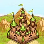 Castel animat cu turnuri și drapele verzi, situat pe un fundal de peisaj montan