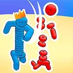 Personaje abstracte stilizați în formă de figuri colorate, cu un personaj albastru purtând o coroană confruntând figuri roșii pe un fundal simplu