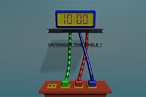 Un afișaj electronic cu un cronometru de 10:00, înconjurat de cabluri colorate încâlcite și o placă marcată cu inscripția UNTANGLE THE CABLE!