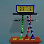 Un afișaj electronic cu un cronometru de 10:00, înconjurat de cabluri colorate încâlcite și o placă marcată cu inscripția UNTANGLE THE CABLE!