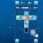 Interfață colorată de joc puzzle cu piese multicolore și un cursor care mută o piesă