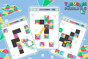 Interfață de joc cu piese colorate de tangram dispuse în trei ecrane albe pe un fundal albastru deschis