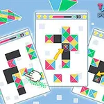 Interfață de joc cu piese colorate de tangram dispuse în trei ecrane albe pe un fundal albastru deschis