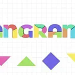 Cuvântul TANGRAM scris cu litere colorate, fiecare litera fiind umplută cu forme geomtric colorate, având sub el cinci forme geometrice colorate individual pe un fundal cu pătrățele