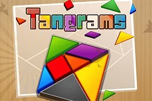 Text colorat cuvântul „Tangrams” și piese geometrice colorate pe un fundal maro deschis