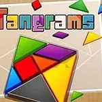 Text colorat cuvântul „Tangrams” și piese geometrice colorate pe un fundal maro deschis