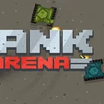 Tancuri pixelate colorate cu textul Tank Arena pe fundal gri