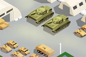 Tancuri și vehicule militare situate într-o bază cu corturi și magazii albe