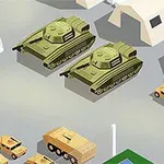Tancuri și vehicule militare situate într-o bază cu corturi și magazii albe