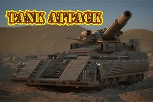 Tanc futurist pe un teren nisipos cu titlul „TANK ATTACK” deasupra