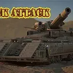 Tanc futurist pe un teren nisipos cu titlul „TANK ATTACK” deasupra