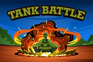 Un tanc verde în fața unei explozii mari cu flăcări și fum pe un fundal albastru cu copaci, având textul TANK BATTLE deasupra