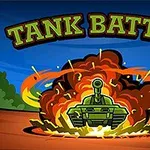 Un tanc verde în fața unei explozii mari cu flăcări și fum pe un fundal albastru cu copaci, având textul TANK BATTLE deasupra