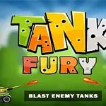 Text colorat și stilizat „Tank Fury” pe un fundal verde, cu două tancuri care trag proiectile și text „Blast Enemy Tanks” sub ele