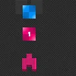 Un fundal gri închis cu trei elemente colorate aliniate vertical: un pătrat albastru sus, un pătrat roz cu numărul 1 în mijloc și o formă roz asemănătoare unei nave spațiale în partea de jos