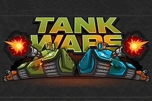 Două tancuri, unul verde și unul albastru, se confruntă cu tunurile aprinse, având în fundal textul TANK WARS