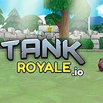 Tanc roz pe un fundal verde cu ziduri de piatră și copaci, alături de textul TANK ROYALE